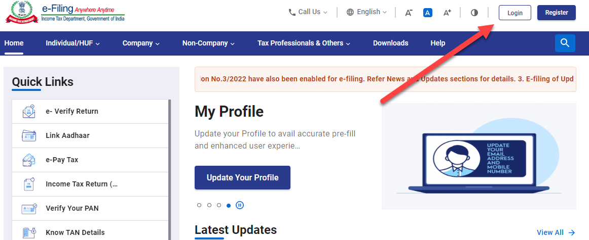 step 1 login - check all filed income tax return on incometax.gov.in